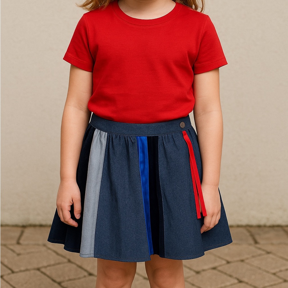 Girl's 7 A-line Denim Jean Velvet Skirt‎ Mixed Fabric Unique OOAK